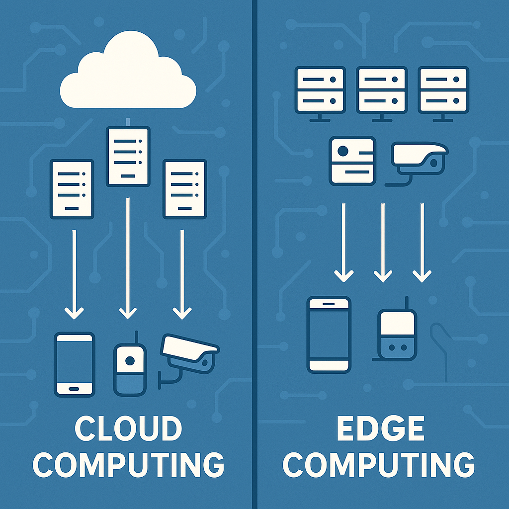 Schéma comparatif entre cloud computing et edge computing montrant la réduction de distance de traitement