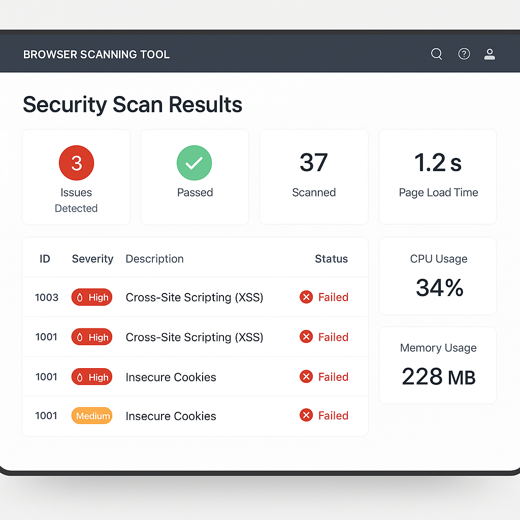 Dashboard de BrowserScan affichant les résultats de scan de sécurité et les indicateurs de performance