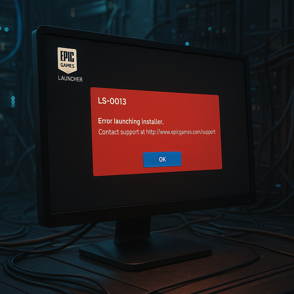 Capture d'écran stylisée de l'erreur LS-0013 dans Epic Games Launcher