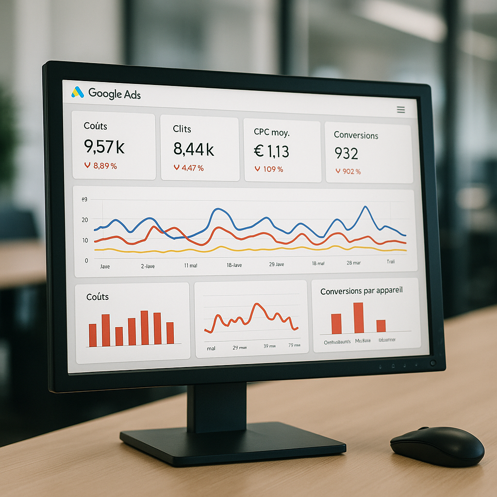 Tableau de bord Google Ads montrant des indicateurs clés avec des points d'alerte rouges