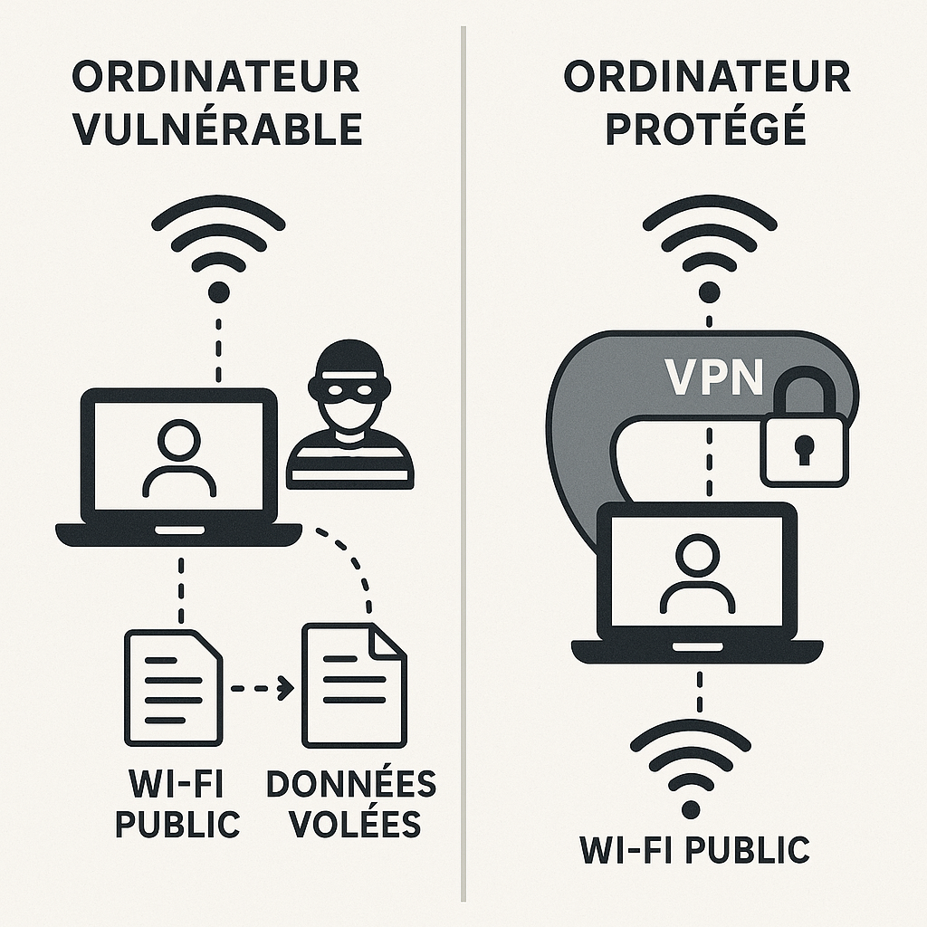 Infographie comparant la navigation avec et sans VPN sur Wi-Fi public
