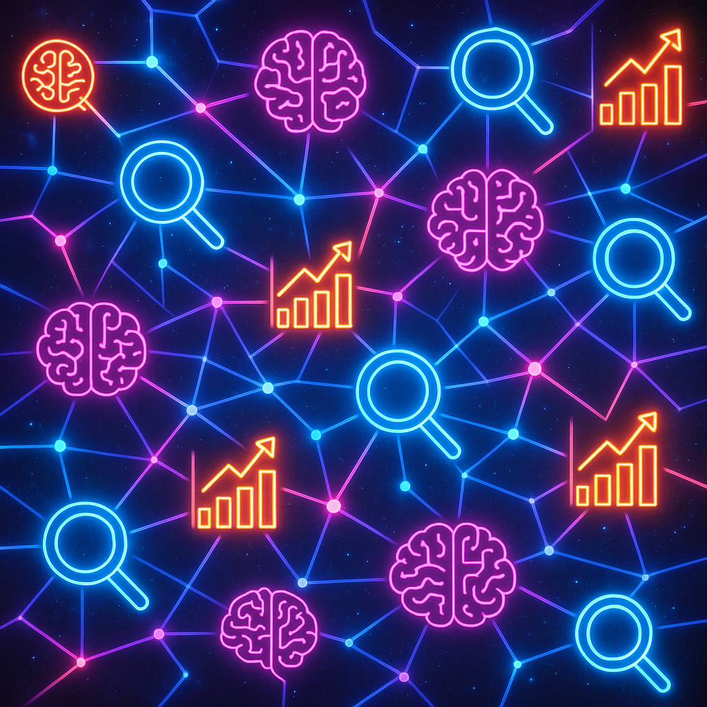 Visualisation futuriste montrant des flux de données SEO interconnectés avec des éléments d'intelligence artificielle