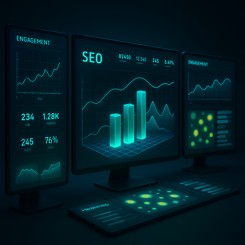 Tableau de bord moderne montrant des métriques SEO analysées par intelligence artificielle avec visualisations graphiques