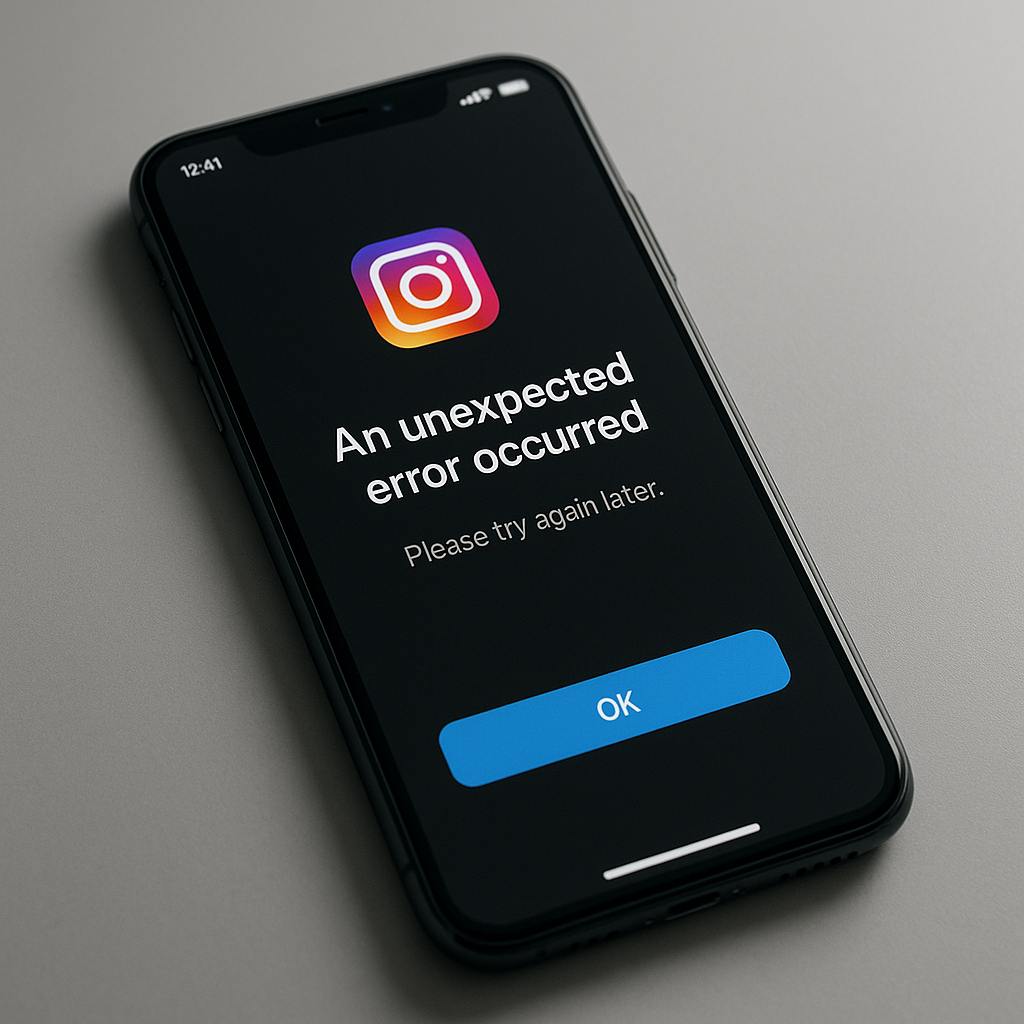 Smartphone avec message d'erreur 'An unexpected error occurred' sur Instagram