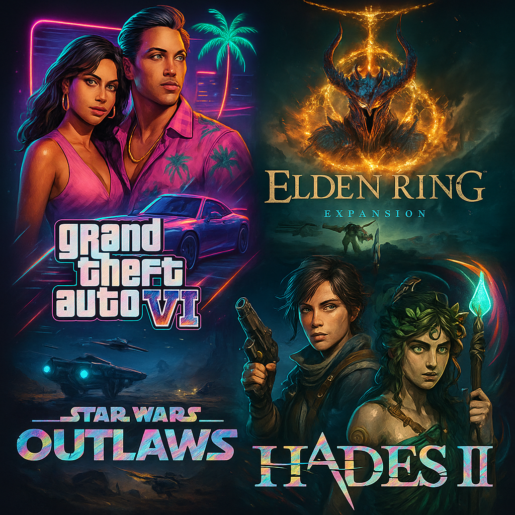Collage d'arts visuels des jeux vidéo les plus attendus en 2024 avec des extraits de GTA VI, Elden Ring DLC et Star Wars Outlaws