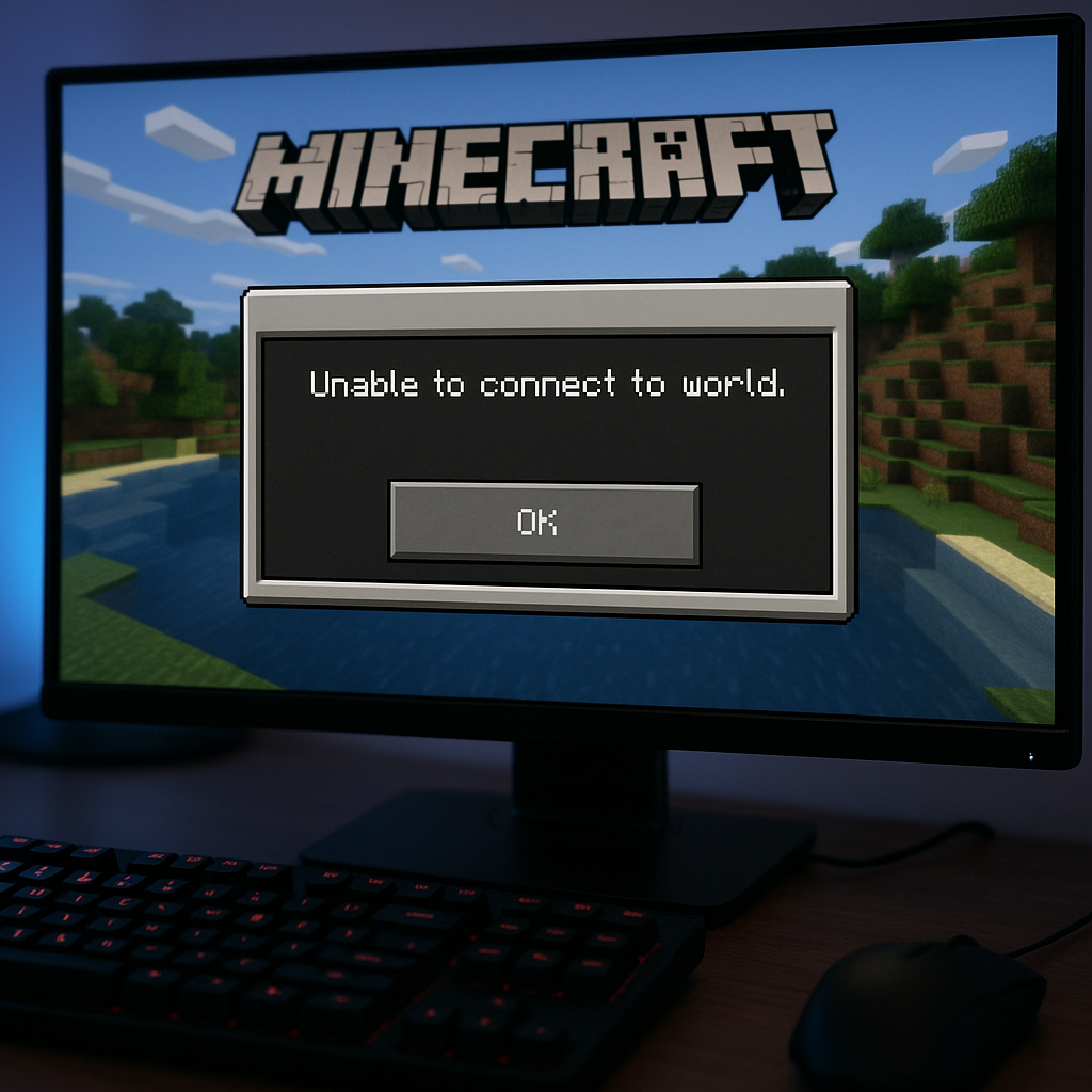 Capture d’écran d’une erreur de connexion Minecraft Unable to connect to world