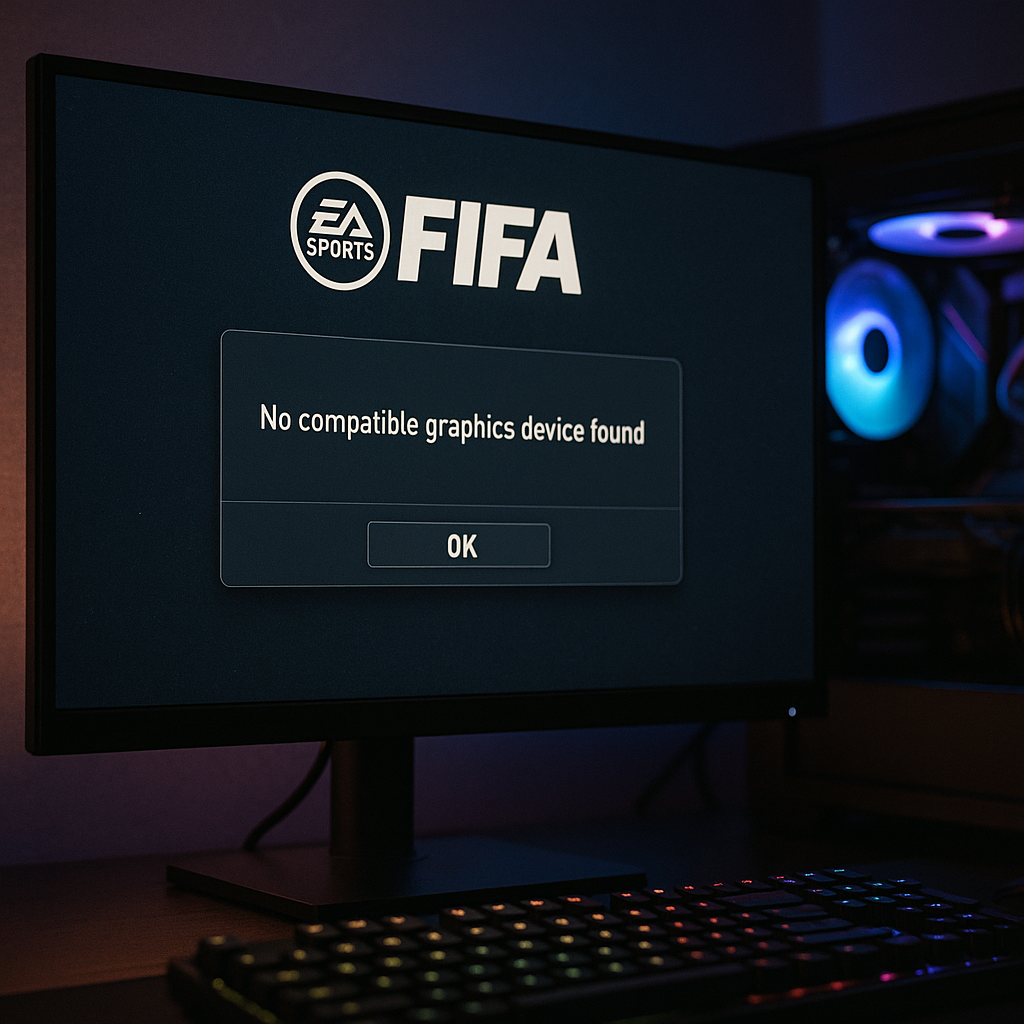 Écran du lancement de FIFA affichant l’erreur « No compatible graphics device found » dans un environnement PC gaming