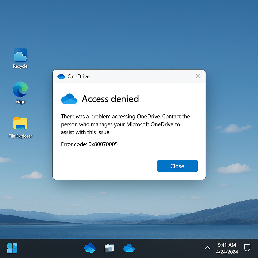 Capture écran d'erreur OneDrive 0x80070005 Accès refusé