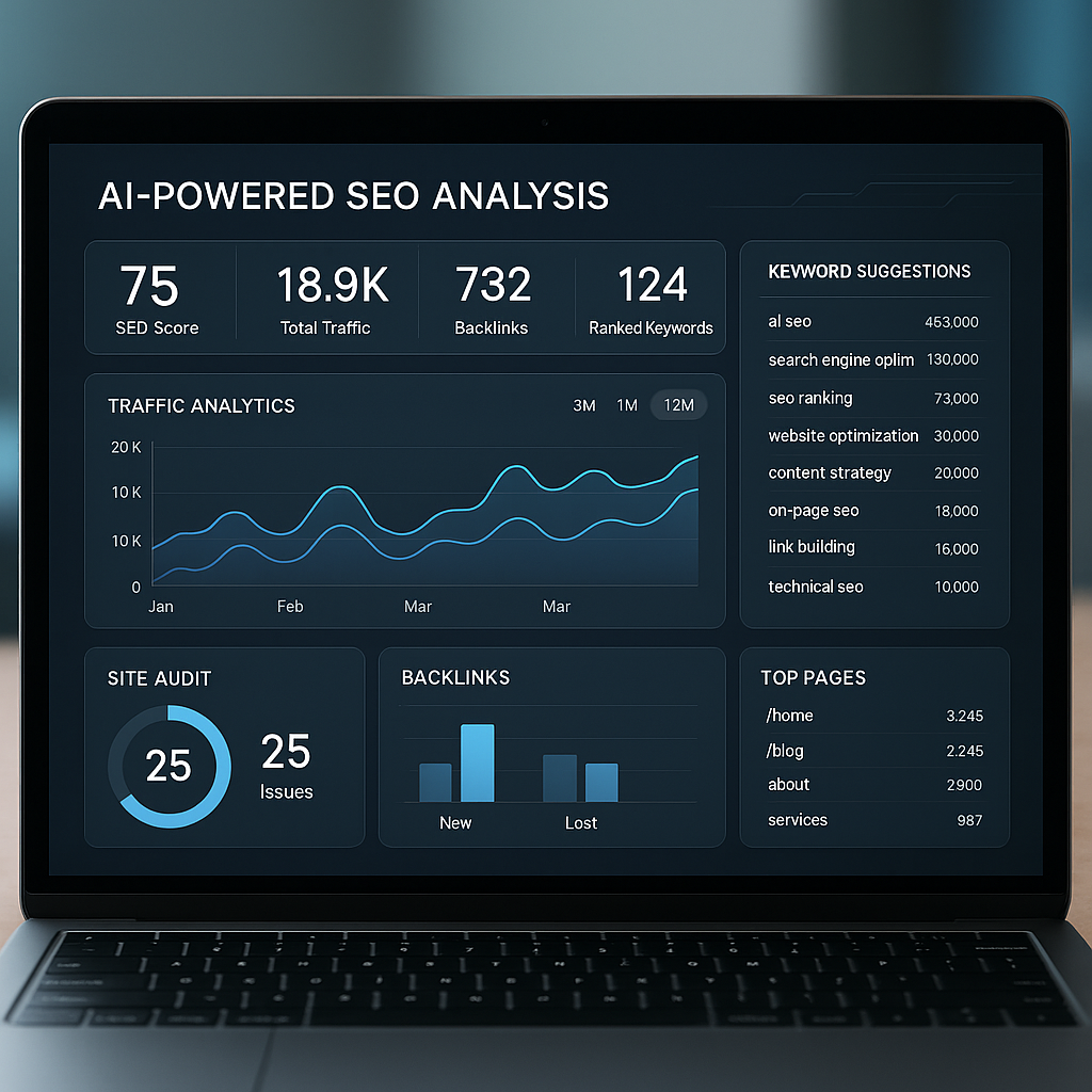 Interface d'un outil d'analyse SEO alimenté par IA pour 2025