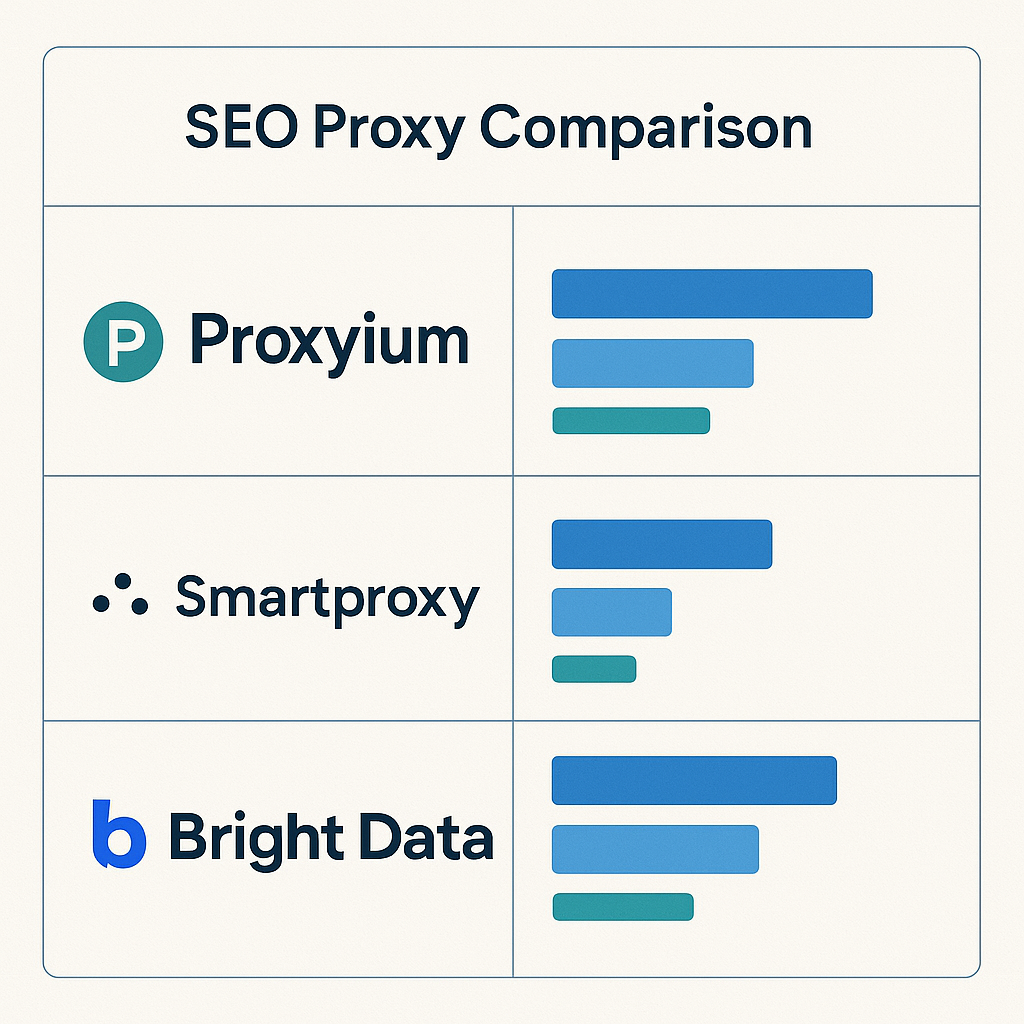 Comparatif visuel de Proxyium, Smartproxy et Bright Data pour le SEO