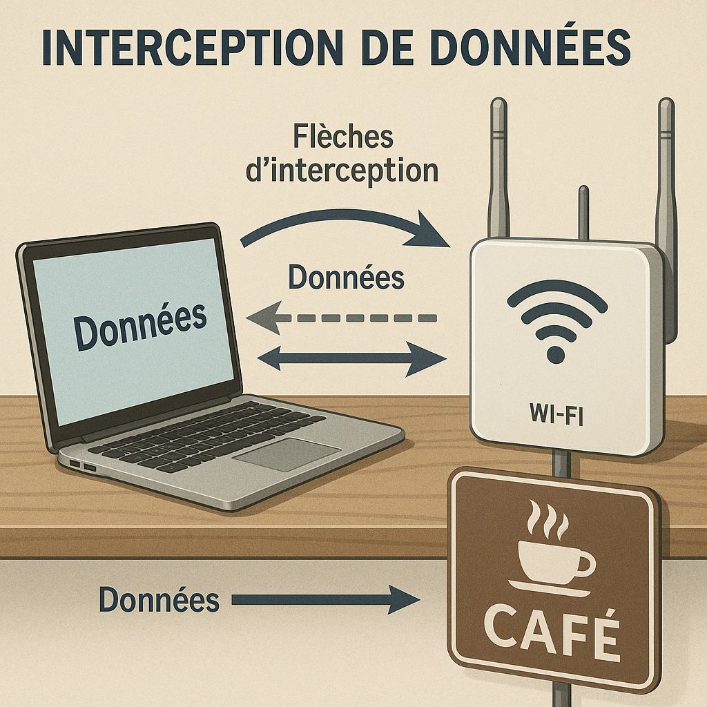 Schéma montrant comment les pirates interceptent les données sur Wi-Fi public