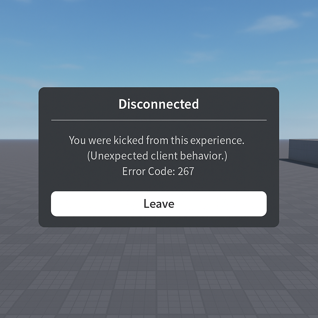 Capture d'écran de l'erreur Roblox 267 s'affichant dans l'interface du jeu