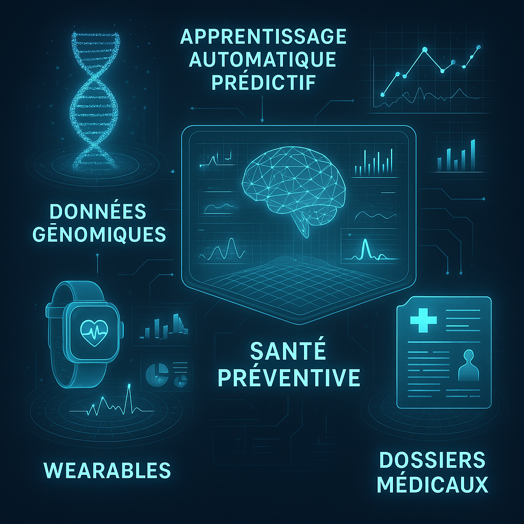 Infographie montrant comment le machine learning prédictif intègre données génomiques et environnementales pour la prévention médicale