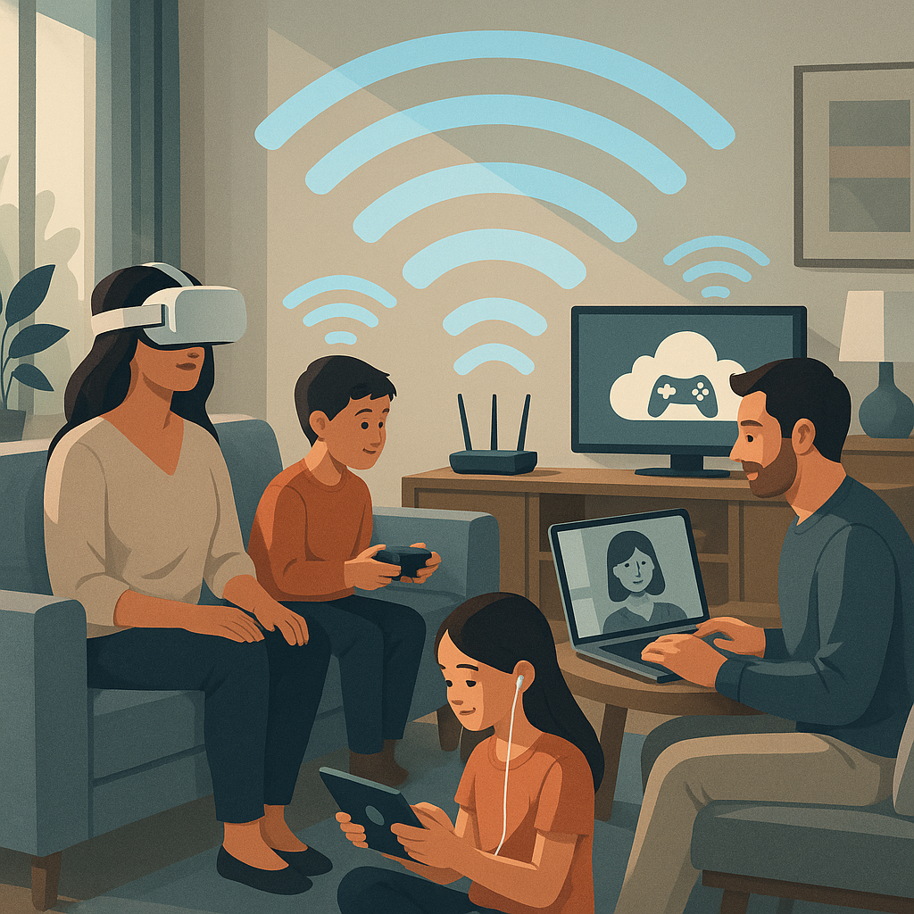 Famille utilisant simultanément réalité virtuelle, streaming 4K et vidéoconférence sans latence grâce au Wi-Fi 7