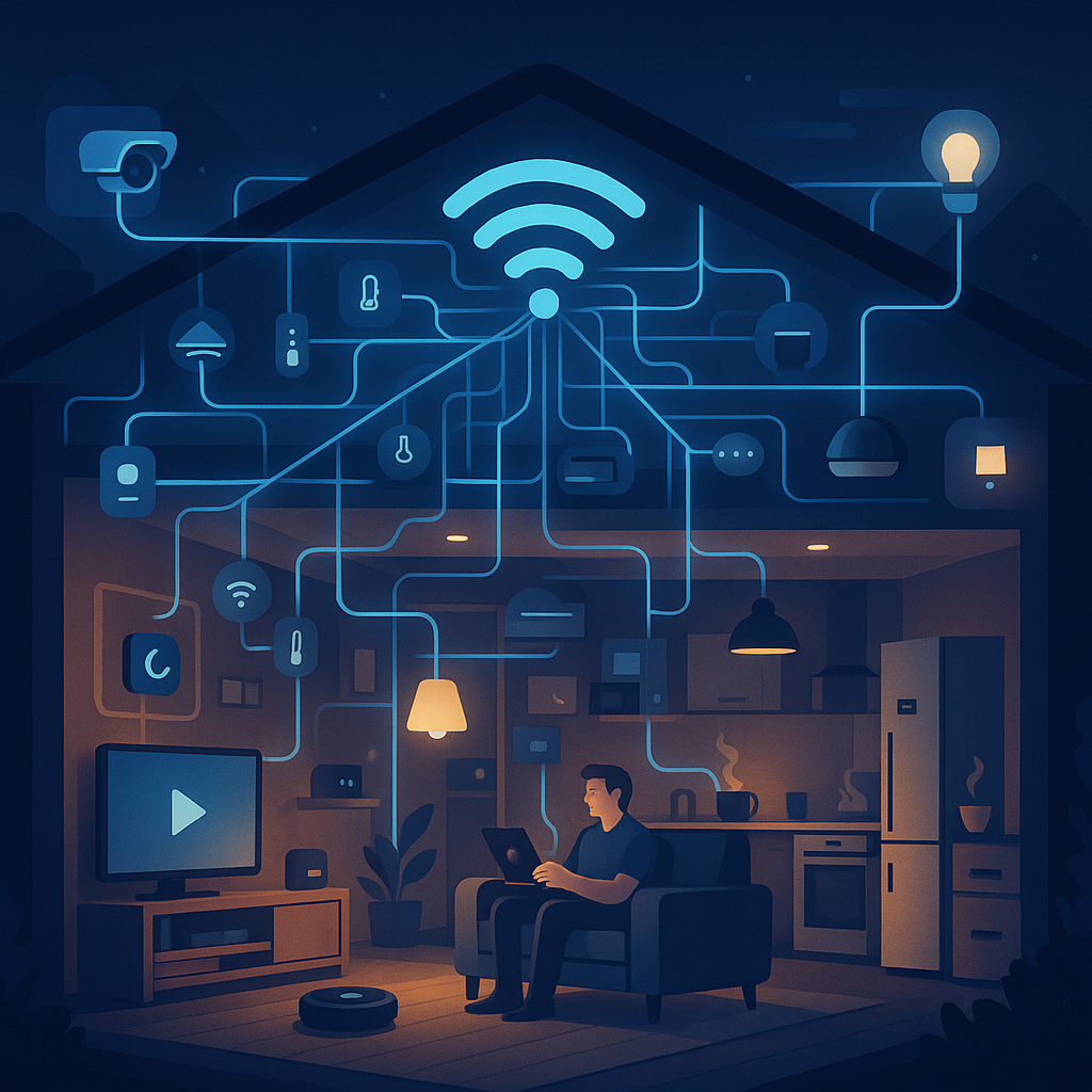 Maison intelligente avec multiples appareils connectés fonctionnant harmonieusement grâce au Wi-Fi 7