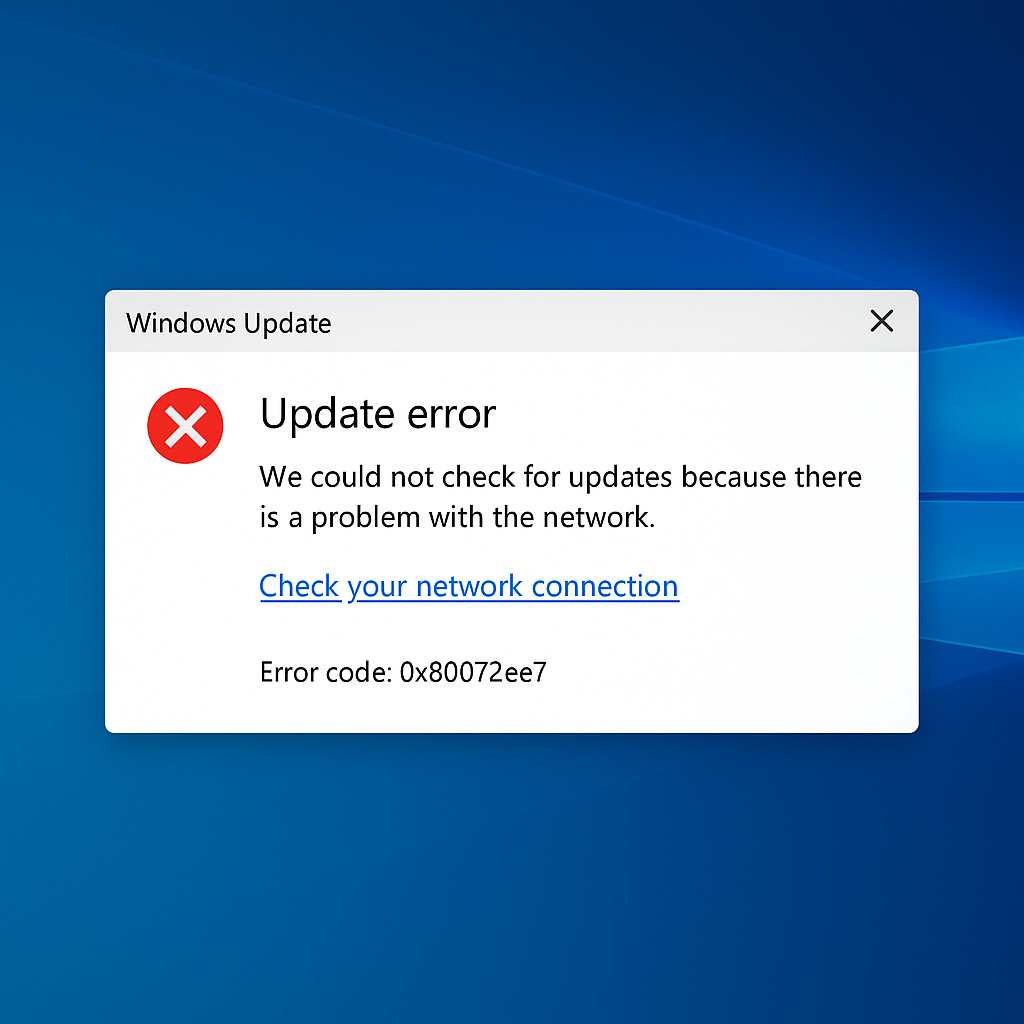 Capture d'écran d'une erreur Windows Update 0x80072ee7