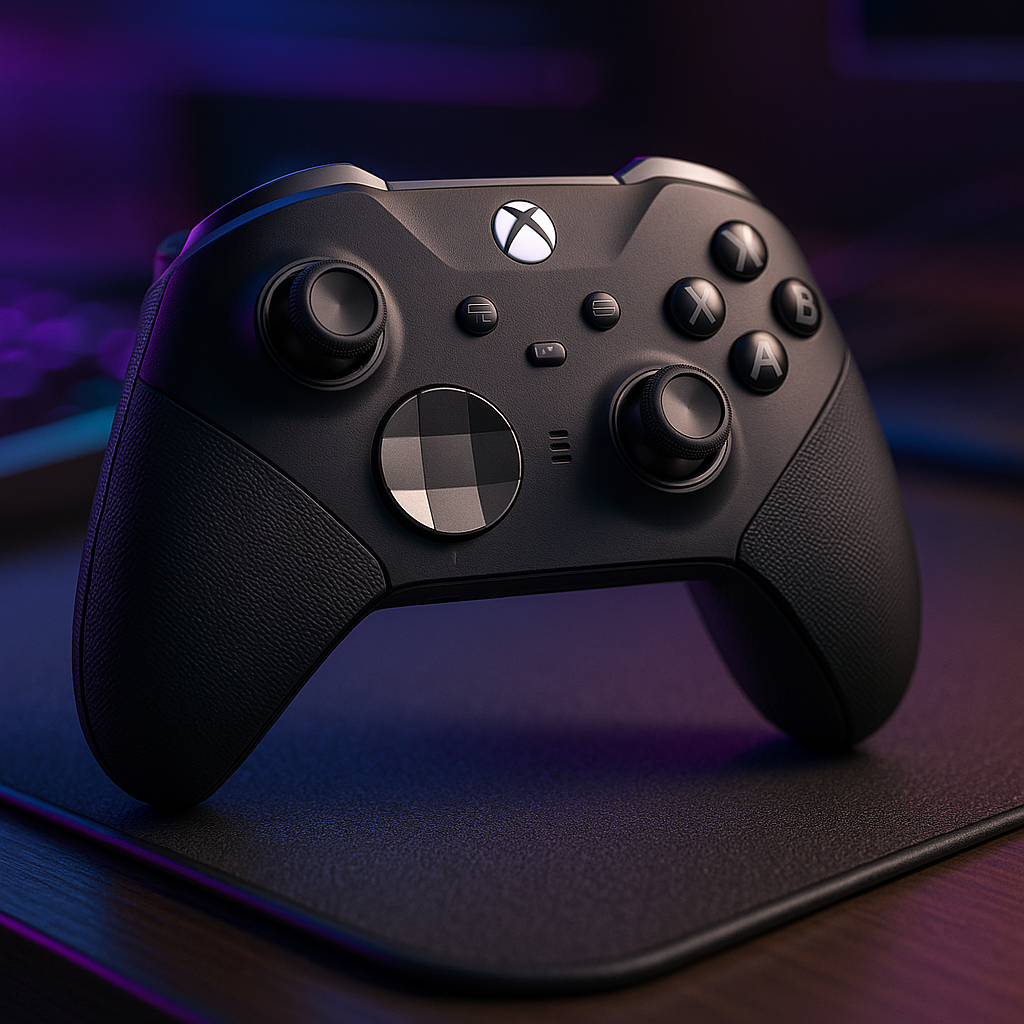 Xbox Elite Series 3 posée sur un bureau de gaming avec éclairage d'ambiance