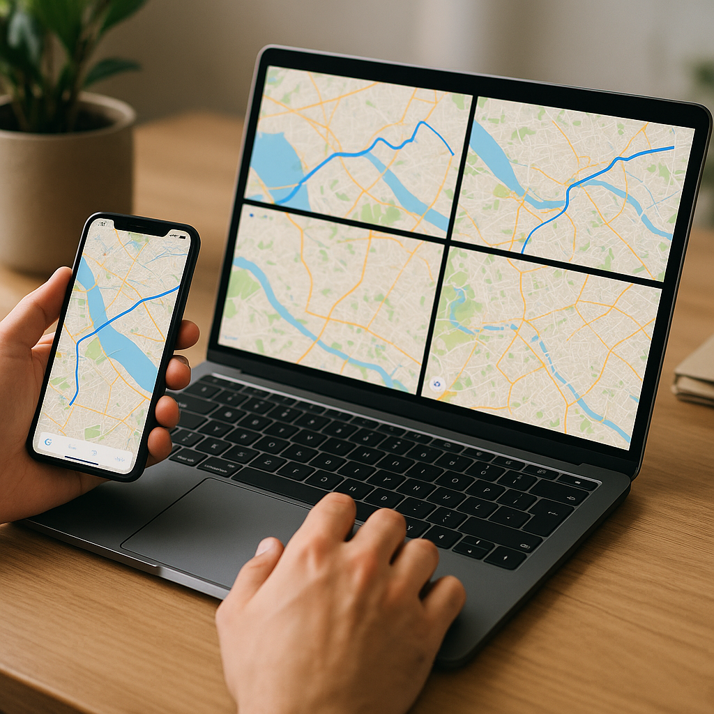 Personne comparant des applications de cartes sur smartphone et ordinateur, montrant plusieurs interfaces cartographiques