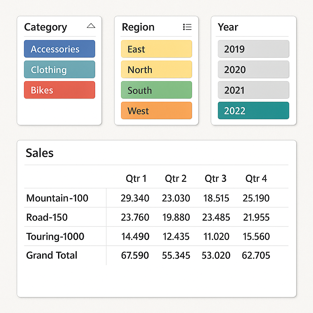 Exemple de segments Excel appliqués à un tableau croisé dynamique