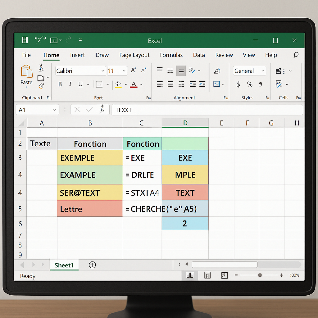 Capture d'écran Excel mettant en évidence les fonctions GAUCHE, DROITE, STXT et CHERCHE