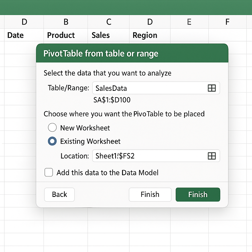 Excel pivot table wizard interface showing data selection and layout