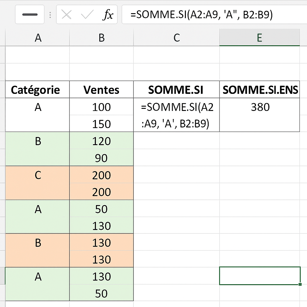 Tableau Excel avec exemple de SOMME.SI et SOMME.SI.ENS