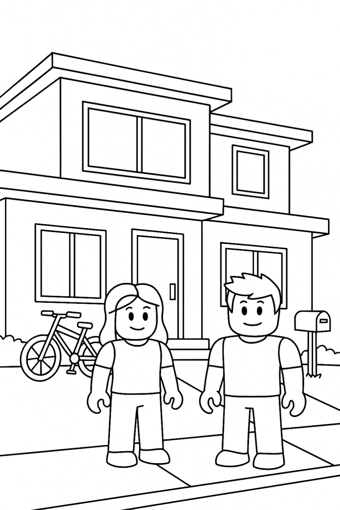 Front of a Brookhaven house with two avatars and a bike parked - Roblox coloring