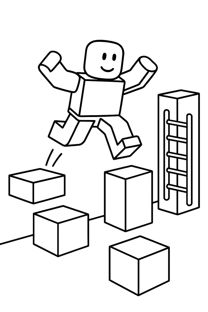 Obby scene (obstacle course) with platform, ladders and avatar in the center - Roblox coloring