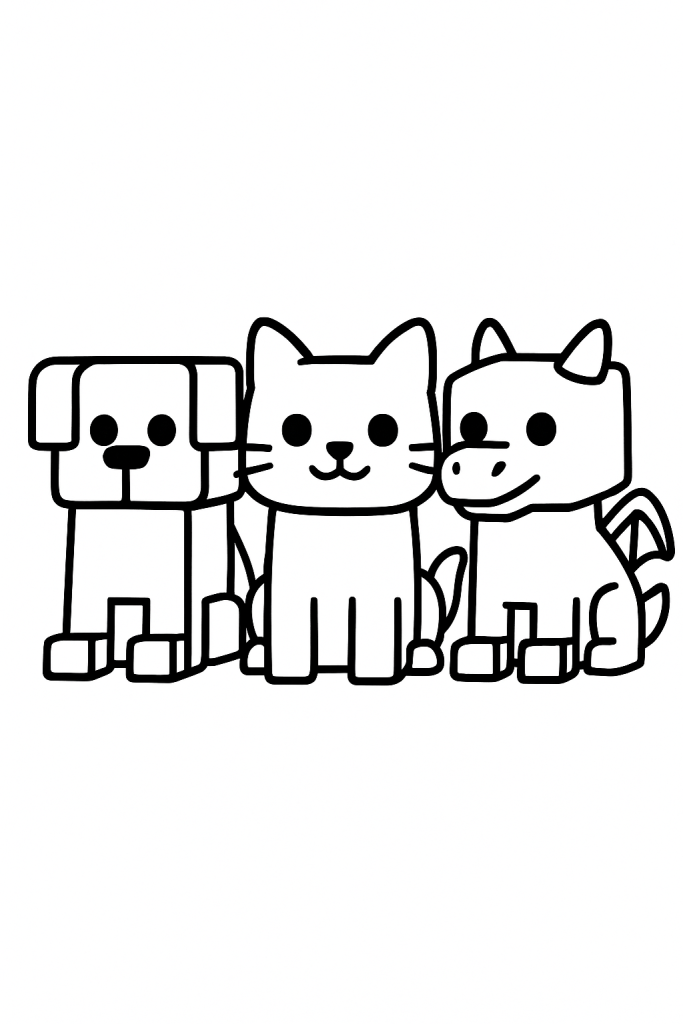 Group of pets in Adopt Me style (cute dragon, dog, kitten) - Roblox coloring.