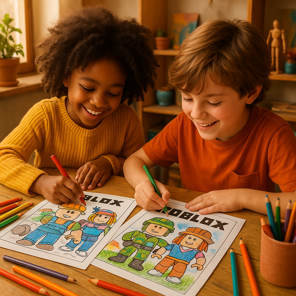 Zwei Kinder, die gemeinsam ein Roblox-Ausmalbild ausmalen