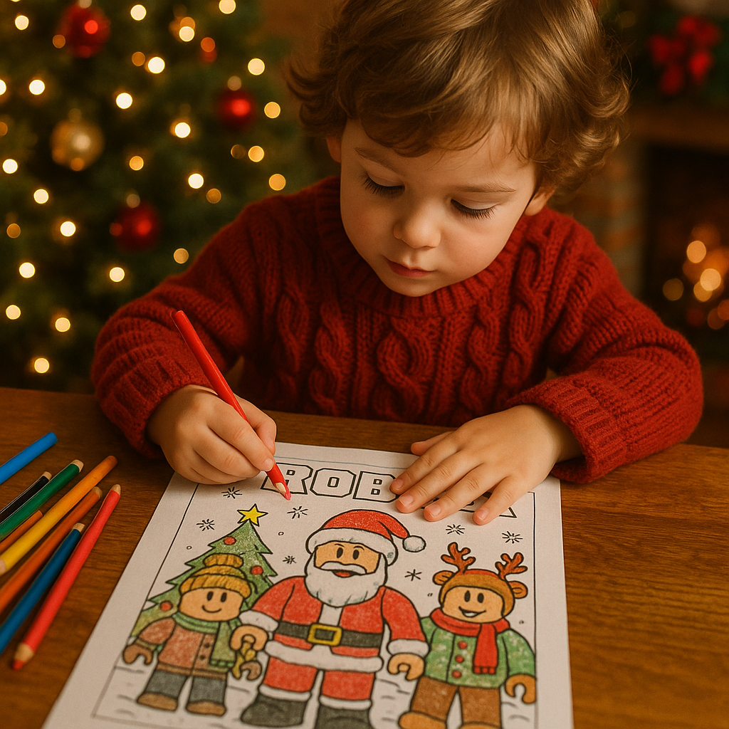 Kind malt Roblox-Weihnachtsthema aus