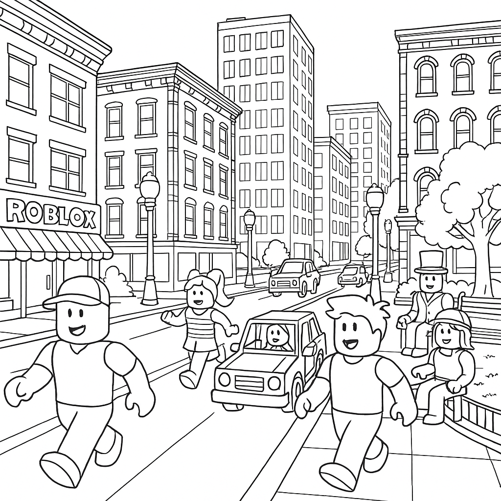 Beispiel für ein Roblox Stadt Ausmalbild mit Gebäuden und Fahrzeugen