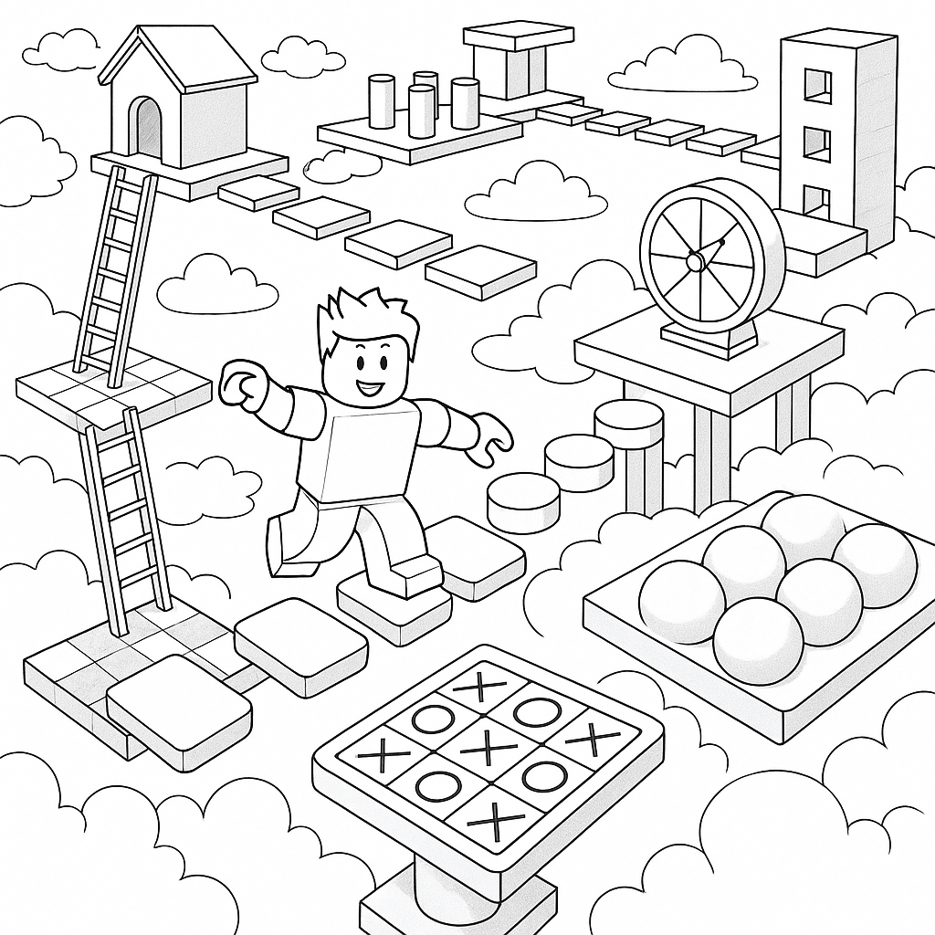 Illustration eines Roblox Hindernisparcours zum Ausmalen