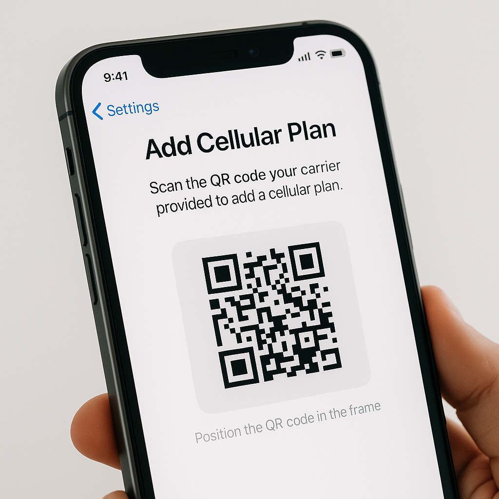 iPhone zeigt das Hinzufügen eines B&You eSIM-Tarifs über QR-Code