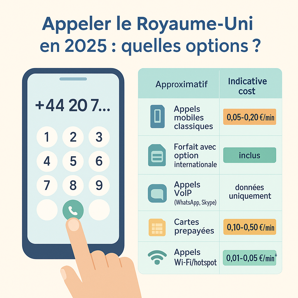 Visueller Vergleich der Anrufoptionen ins Vereinigte Königreich und deren indikative Kosten im Jahr 2025.