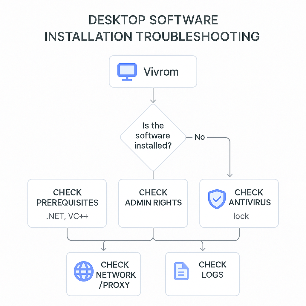 Diagnoseschema einer Vivrom-Installation, Überprüfungsschritte der Voraussetzungen, Rechte, Antivirus und Netzwerk.