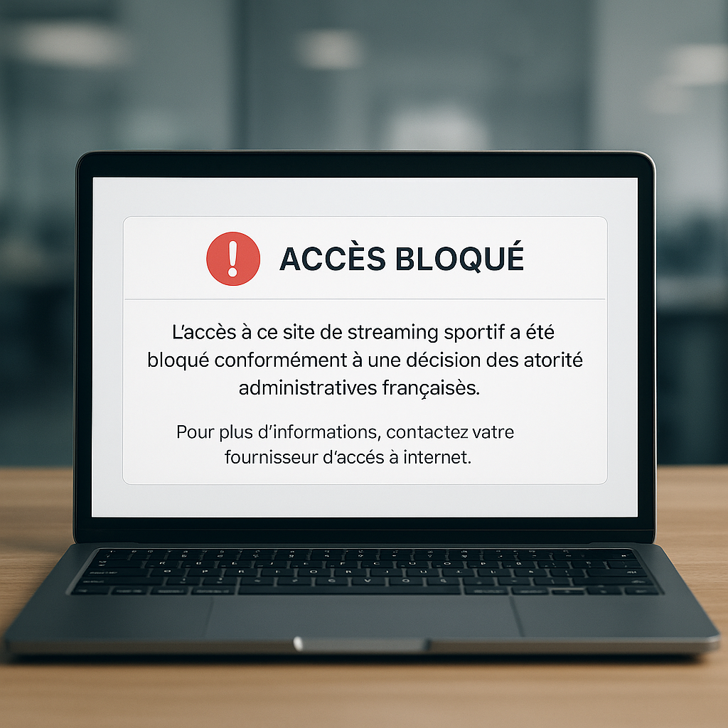Sperrhinweis einer Sport-Streaming-Website auf einem Laptop, typisch für eine Filterung durch einen französischen ISP.