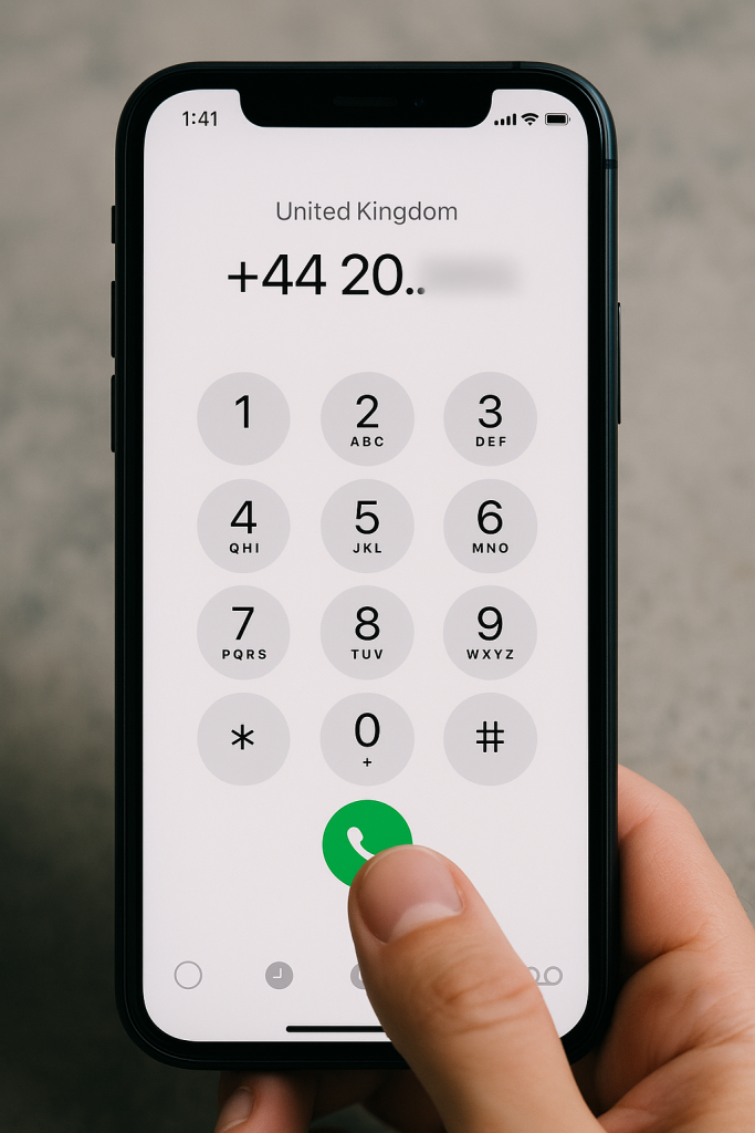 Smartphone-Bildschirm zeigt die Eingabe +44 20... mit UK-Vorwahl, Finger auf der Anruftaste.
