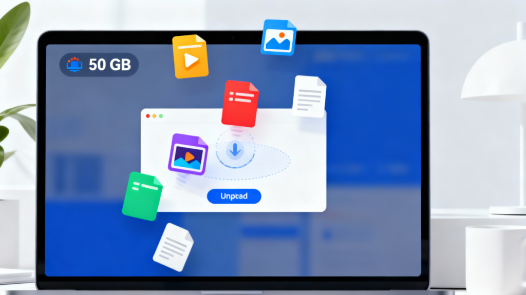 SwissTransfer Drag-and-Drop-Upload-Oberfläche mit mehreren Datei-Symbolen