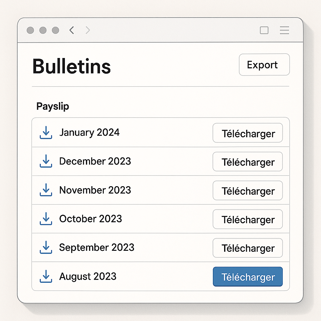 Illustrierte Ansicht eines Mitarbeiterbereichs mit Liste der Gehaltsabrechnungen und Download-Button