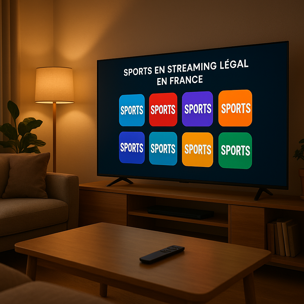 Mosaik legaler Sportplattformen, angezeigt auf einem Fernseher in einem modernen Wohnzimmer.