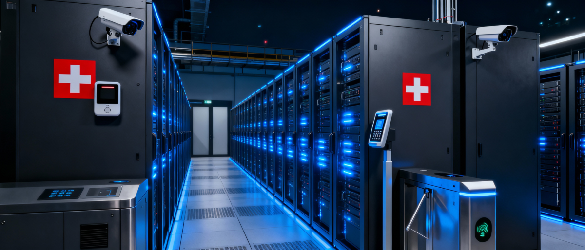 Schweizer Serverraum von SwissTransfer mit fortschrittlicher Sicherheitsinfrastruktur und blauen Dioden