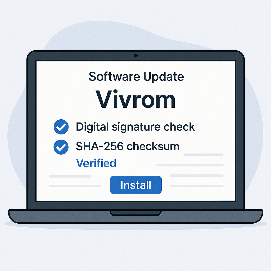 Signatur- und SHA-256-Prüfung vor dem Vivrom-Update zur Gewährleistung der Integrität.