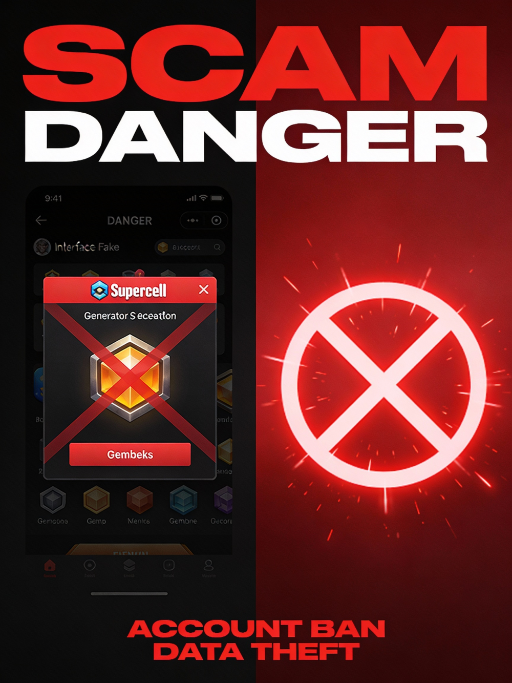 Rote Warnmeldung zeigt Scam-Interface mit Verbotssymbol, SCAM- und ACCOUNT BAN-Texte sichtbar