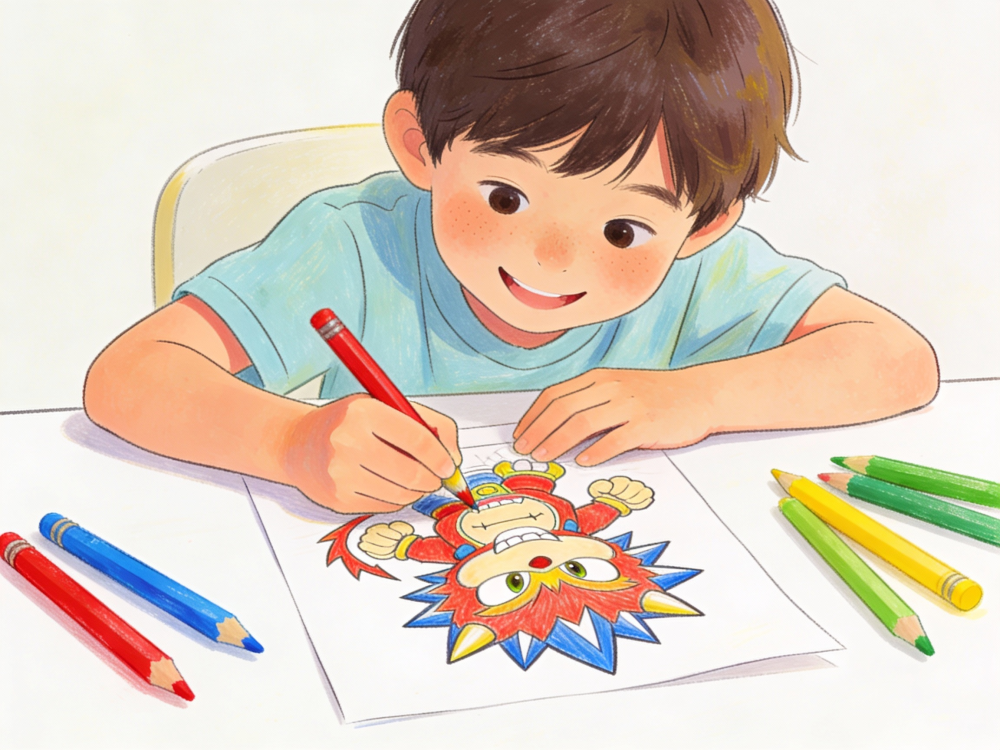 Child focused coloring a Brawl Stars character with bright colored pencils