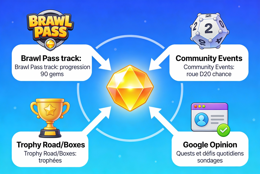 Infographie montrant cinq sources officielles de gemmes : Brawl Pass, Community Events, Trophy Road, Quests, Google Opinion Rewards