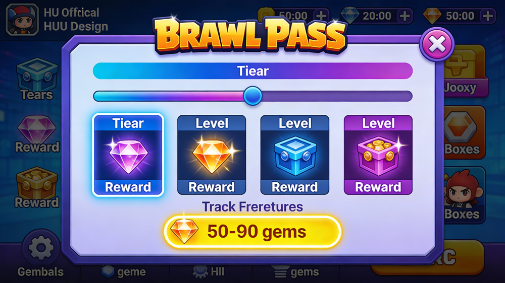 Brawl Pass kostenlose Oberfläche zeigt Fortschritt der Stufen mit Edelsteinbelohnungen in Gelb