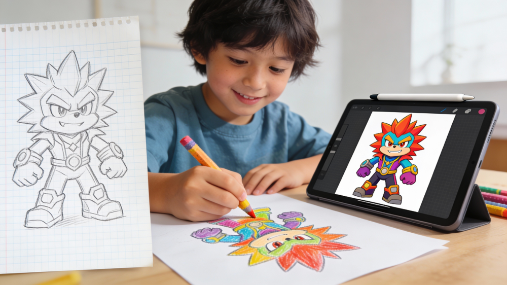 Montage showing several creative techniques: freehand drawing, digital coloring on tablet, sketch on graph paper