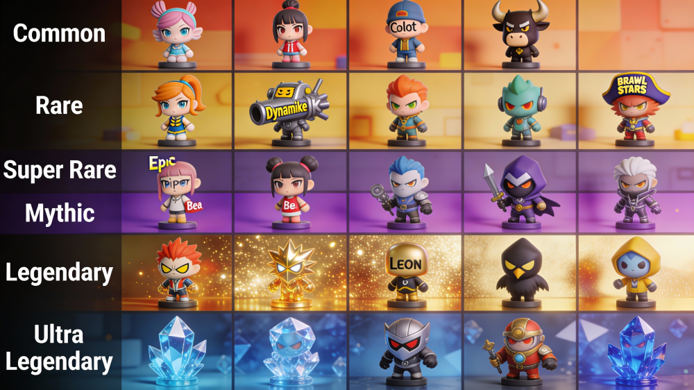 Mosaik aller 97 Brawler nach Seltenheit sortiert: Common, Rare, Super Rare, Epic, Mythic, Legendary, Ultra Legendary
