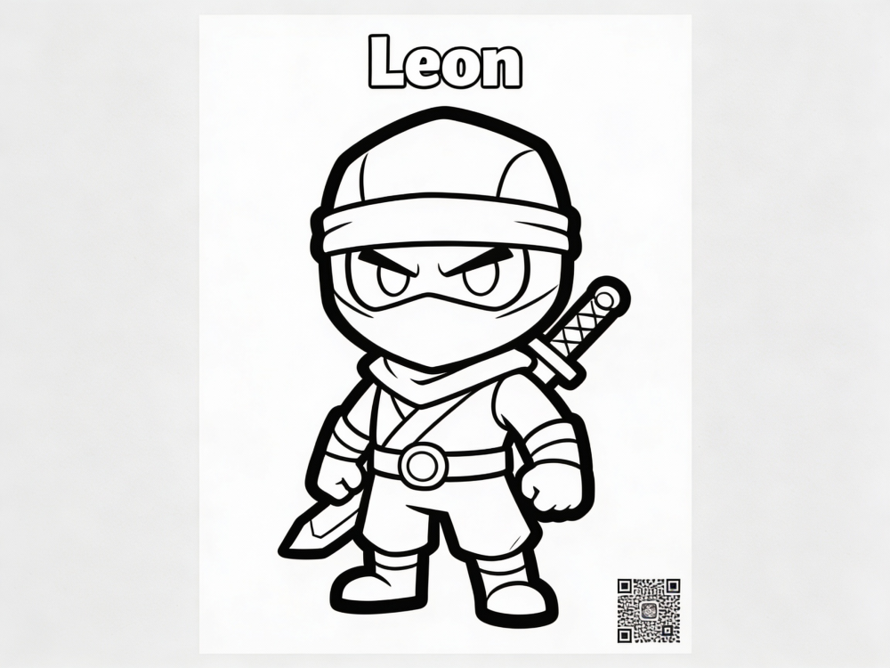 Printed coloring page of Leon with integrated decorative QR code for bonus content